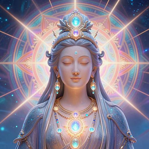 Digital artwork of a serene, ethereal woman with closed eyes, adorned in glowing blue jewels and ornate gold headpiece, set against a radiant,