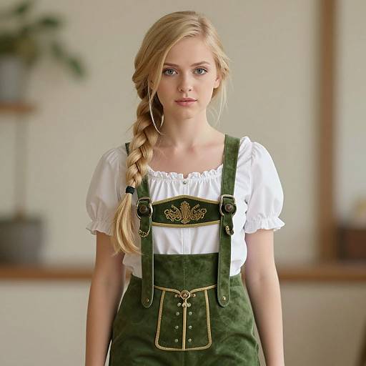 Blonde woman with braided hair in green dirndl and white blouse, standing indoors; soft light, blurred background with potted plant.