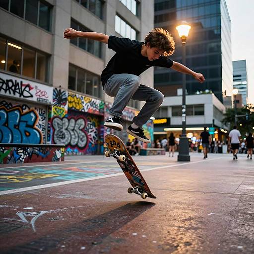 Photograph of a young male skateboarder mid-trick in an urban street, surrounded by colorful graffiti, lit buildings, and pedestrians at dusk.
