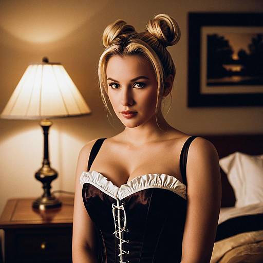 Blonde Woman in Corset with Double Buns Hairstyle Indoors