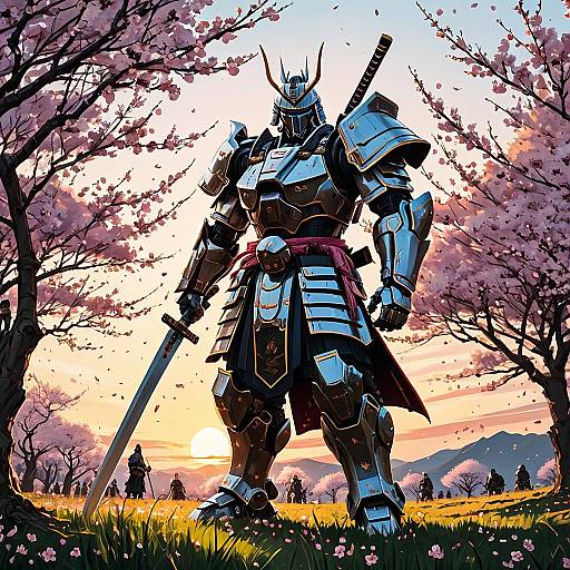 Robotic Samurai in Cherry Blossom Meadow at Sunset