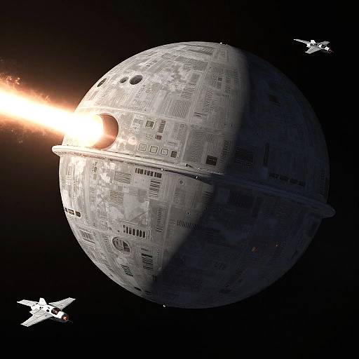 CGI image of a detailed, gray, textured Death Star-like planet with laser blast, three small spacecraft attacking from top left.