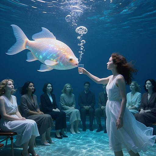 Photograph of a woman in a white dress feeding a large, glowing goldfish underwater, surrounded by seated audience in formal attire.