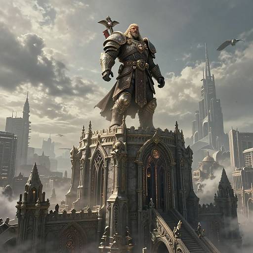 Digital artwork of a muscular, armored warrior with a long beard standing on a gothic cathedral, overlooking a futuristic cityscape.