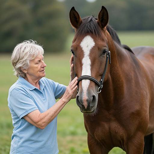 Photograph of an elderly woman with short white hair, wearing a light blue polo shirt, gently touching the face of a brown horse with a white stripe