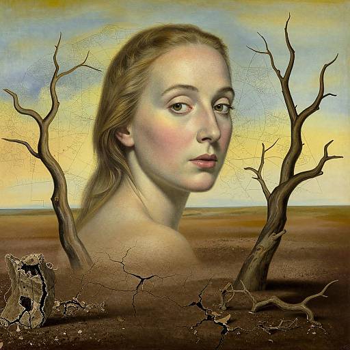 Digital surreal artwork of a young woman with fair skin and light brown hair, surrounded by barren, twisted trees in a desert-like landscape with a yellow,