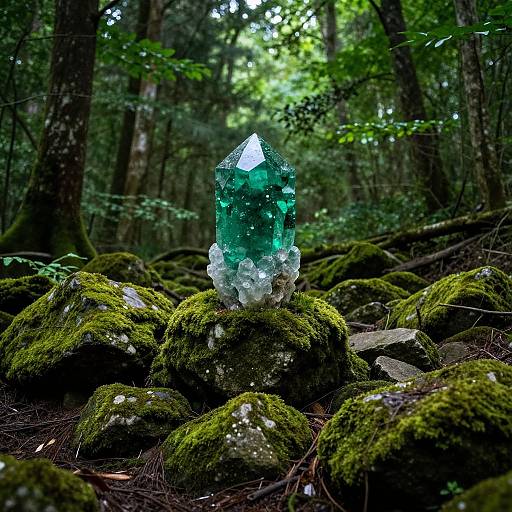 Photograph of a vibrant green crystal crystal nestled among moss-covered rocks in a dense, sunlit forest with lush greenery.