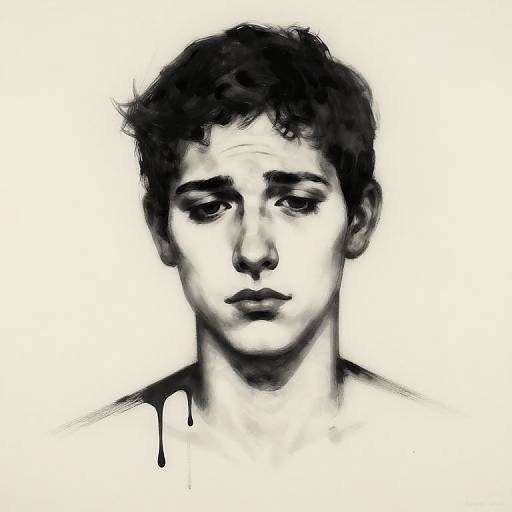 Black-and-white digital drawing of a solemn young boy with messy dark hair and drooping eyes, minimalistic background, ink drips at collar.