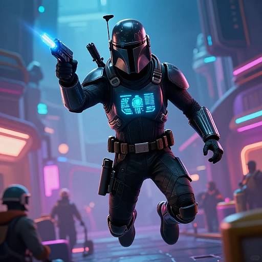 Digital artwork of a Mandalorian bounty hunter in futuristic armor, jumping mid-air with blaster, neon-lit cityscape background, glowing blue emblem on