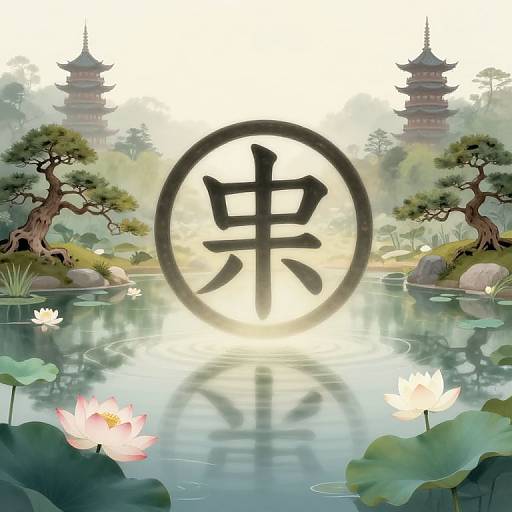 Digital artwork of a serene Japanese garden with two pagodas, a large black 