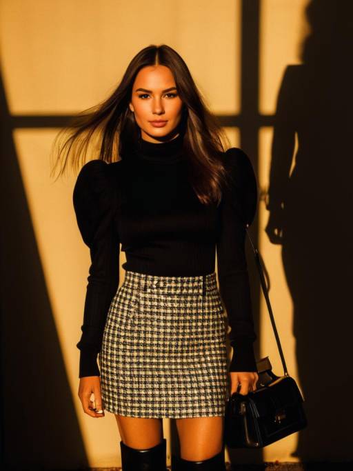Contemporary Chic Woman in Puff Sleeve Top and Houndstooth Skirt