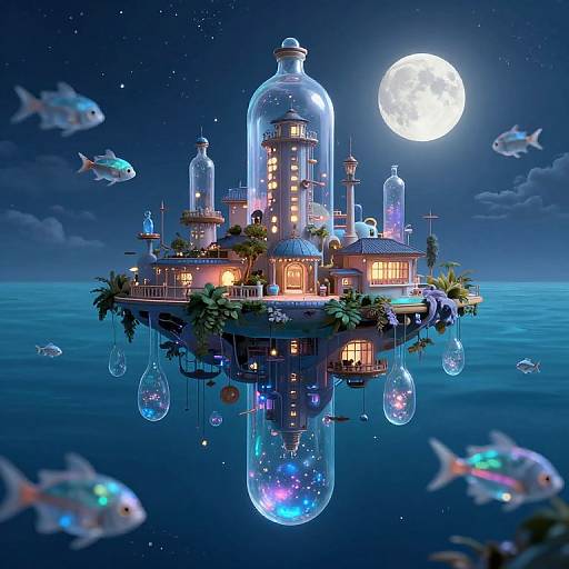 Digital art: Floating glass dome city at night, illuminated with warm lights, surrounded by glowing fish, large moon, and ocean reflections.