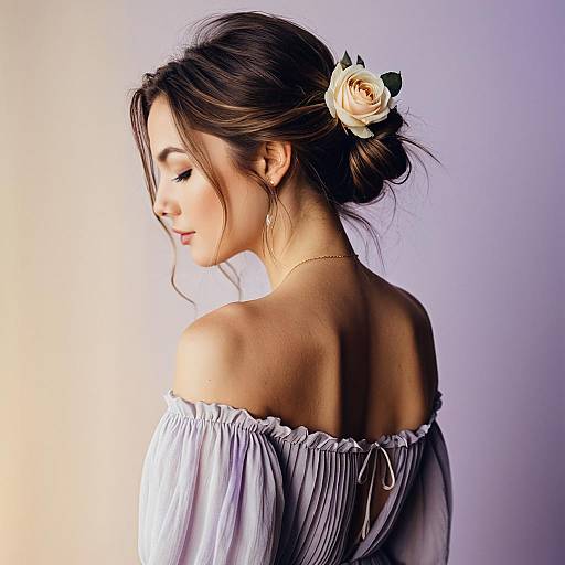 Elegant Woman in Off-Shoulder Bohemian Dress with Rose in Hair