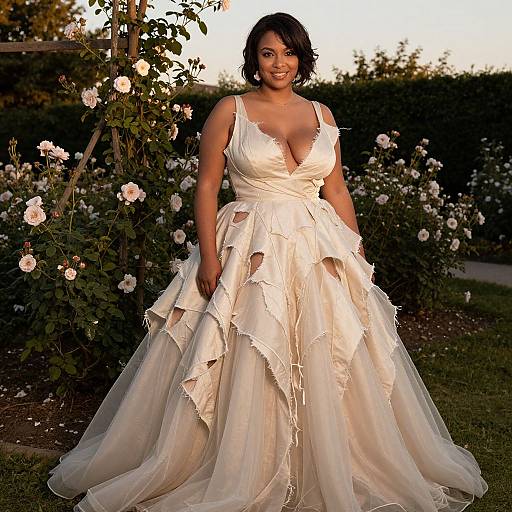 Photograph of a smiling Black woman with medium skin tone in a low-cut, layered white wedding dress, standing in a rose garden at sunset.
