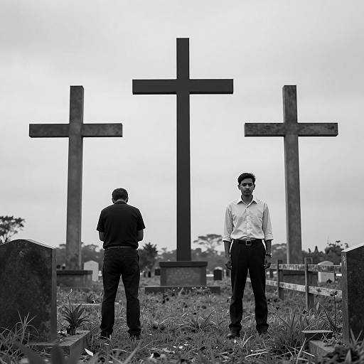 Somber Scene of Three Men and Crosses