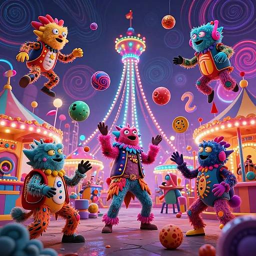 Vibrant, CGI circus scene with colorful, furry, anthropomorphic creatures juggling neon balls around a brightly lit Ferris wheel. Whimsical