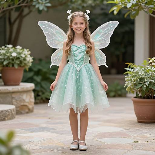Photograph of a young girl with long brown hair, wearing a mint green fairy dress, translucent wings, white flower headband, and white shoes,