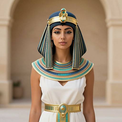 Photorealistic digital artwork of an Egyptian woman with dark skin, blue and black striped headdress, gold headpiece, white dress, colorful collar,