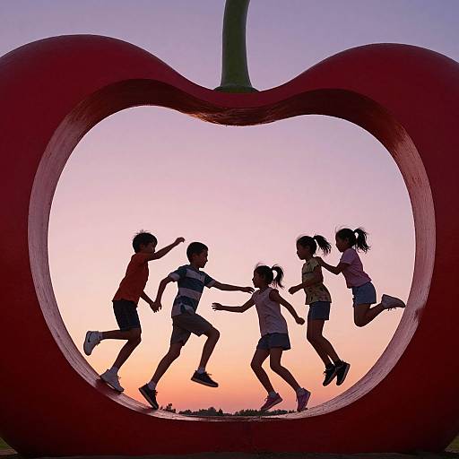 Silhouetted children jumping through large red apple-shaped cutout at sunset; vibrant sky gradient from pink to purple. Photograph.
