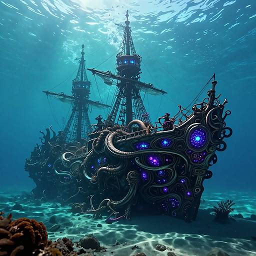 Digital artwork of a surreal, underwater pirate ship adorned with glowing purple orbs and tentacles, surrounded by sunlight filtering through the ocean.