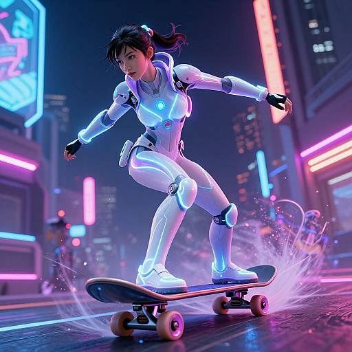 Cyberpunk woman in glowing white suit skateboards through neon-lit city, dynamic pose with bright lights and digital effects. CGI artwork.