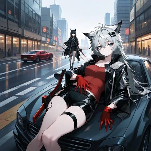 Anime Girl with Cat Ears on Car Hood in Urban Street