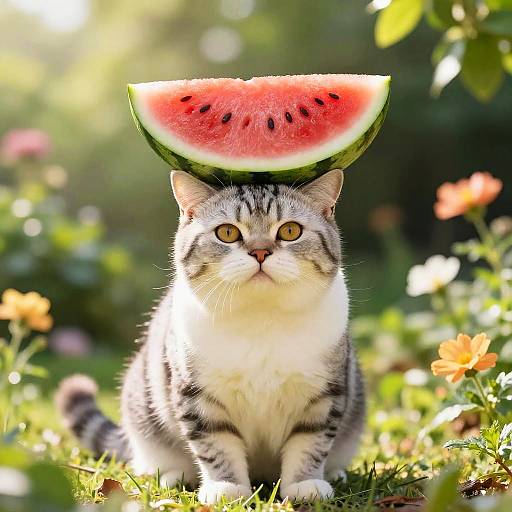 Photograph of a gray tabby cat with yellow eyes, sitting in a sunlit garden, wearing a slice of watermelon on its head. Background