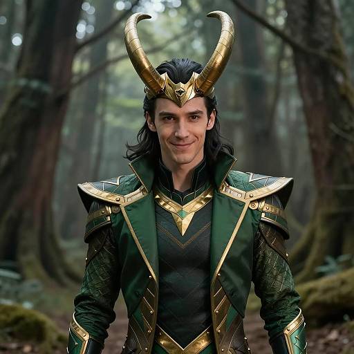 Man in Loki Costume with Golden Horns in Forest