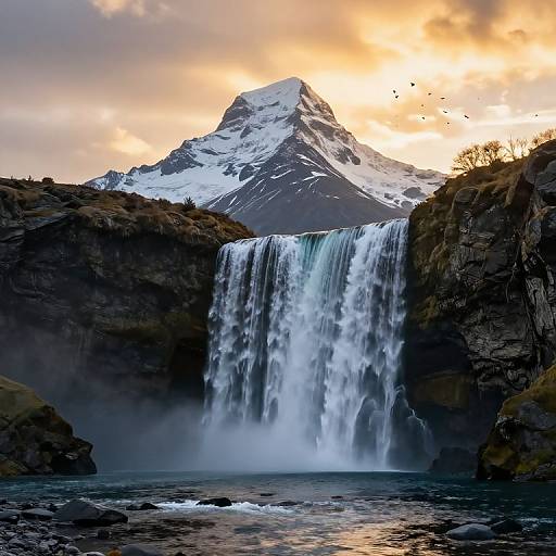 Waterfall with Snow-Capped Mountain at Sunrise