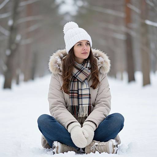 Photograph of a young woman with long brown hair, wearing a white knit hat, beige puffer jacket, plaid scarf, and white gloves,