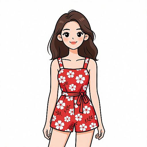Digital illustration of a smiling Asian woman with long brown hair, wearing a red floral romper with a white background.