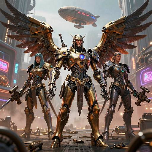 Digital artwork of three futuristic, winged, golden android women with blue hair standing in a neon-lit, cyberpunk city street.