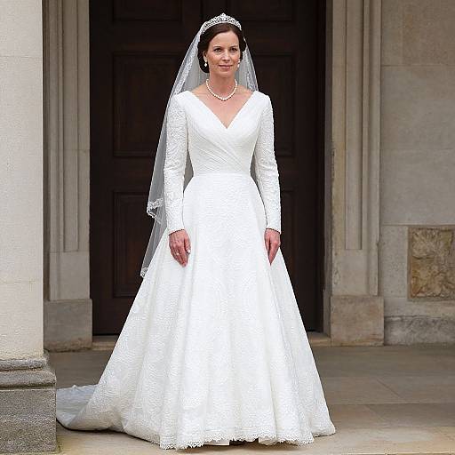Photograph of a bride in a white, long-sleeved lace wedding dress with a V-neck, veil, and tiara, standing in front