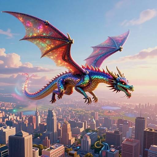 Digital art of a vibrant, rainbow-scaled dragon with galaxy-patterned wings soaring over a sunlit, futuristic cityscape filled with skyscrapers.