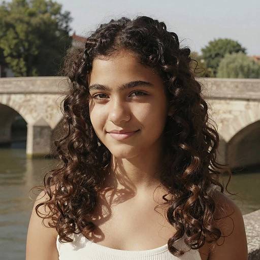 Photograph of a young woman with curly dark brown hair, medium brown skin, wearing a white top, standing in front of a stone bridge over a