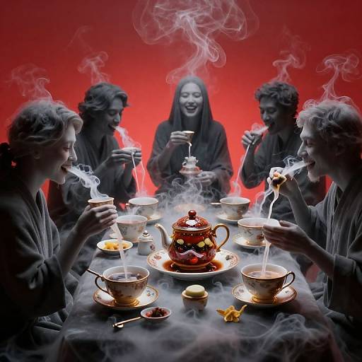 Surreal Floating Tea Party Under Red Sky