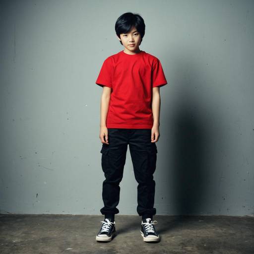 Boy in Red T-Shirt and Black Pants Standing