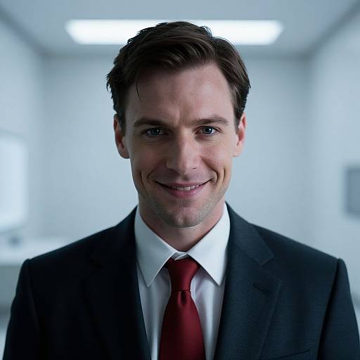 Photograph of a smiling, middle-aged white man with short brown hair, wearing a black suit, white shirt, and red tie, against a bright