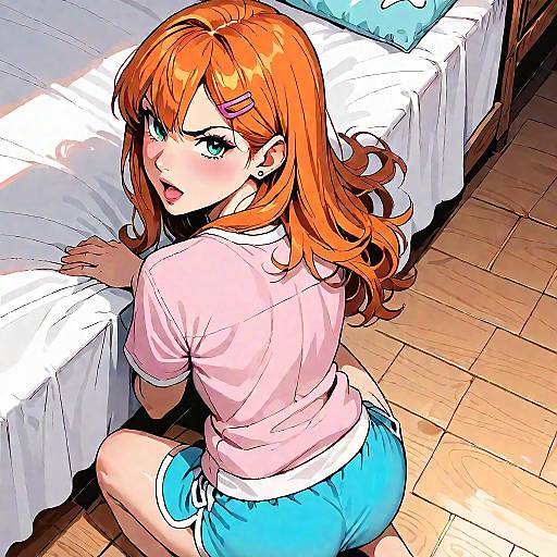 Dynamic Anime Character on Wooden Floor