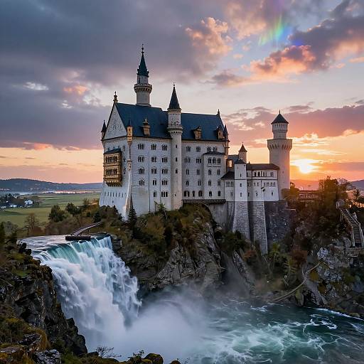 Hyperrealistic Castle Waterfall Sunset