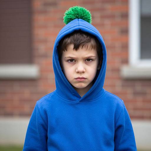 Photograph of a young boy with serious expression, wearing a blue hoodie with green pom-pom, against a brick building background.