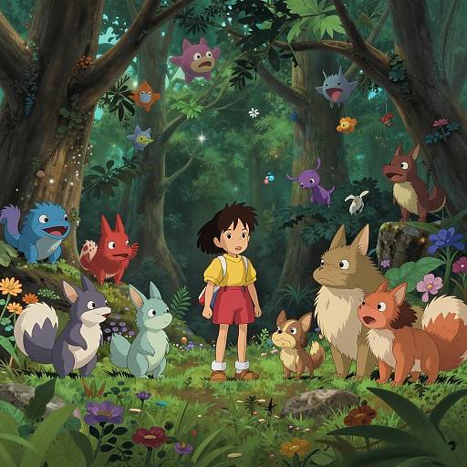 Young Girl with Magical Animal Friends in Enchanted Forest