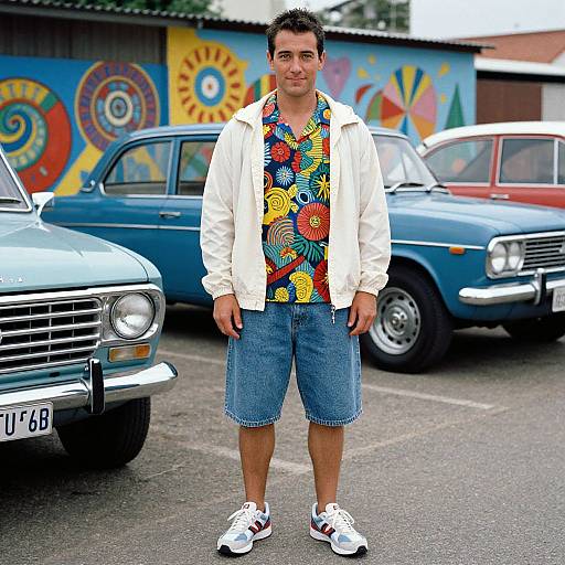 Photograph of a man with short dark hair, wearing a white jacket, colorful floral shirt, denim shorts, and white sneakers, standing in front of