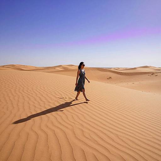 Photograph of a woman in a black dress walking through a vast, sunlit desert with rippled sand dunes and a clear, blue sky.