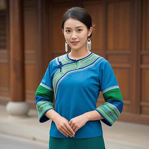 Photograph of an Asian woman with black hair in a blue traditional top with green and white patterns, standing against a wooden building. She wears long,