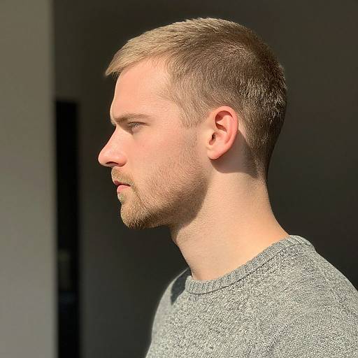 Photograph of a fair-skinned, bearded man with short blonde hair, side profile, wearing a gray sweater, illuminated by sunlight.
