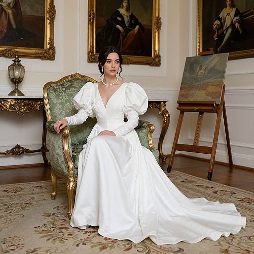 Photorealistic digital painting of a dark-haired woman in a white, puffed-sleeve gown sitting on an ornate green chair in an elegant
