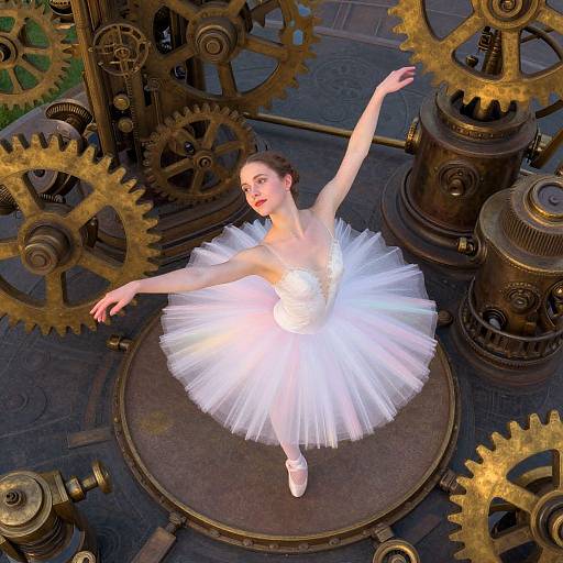 A digital CGI image of a ballet dancer in a glowing white tutu, surrounded by large brass gears, performing an elegant pose on a circular metal platform