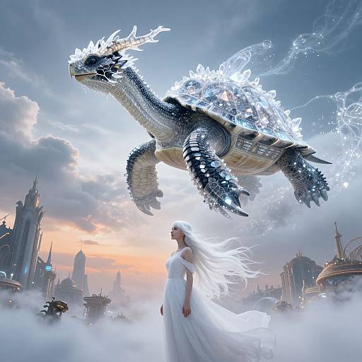 Digital artwork of a white-dressed woman with flowing hair standing beneath a glowing, fire-encased dragon in a futuristic cityscape at sunset.