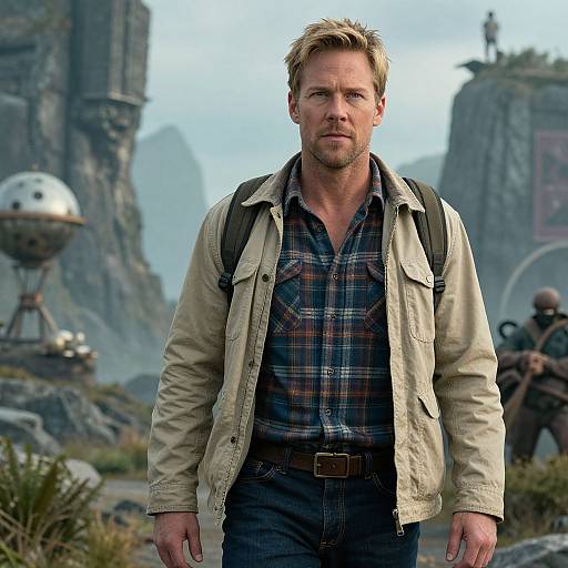 Photograph of Chris Evans as a rugged, blonde-haired man with a serious expression, wearing a beige jacket and plaid shirt, standing in a futuristic